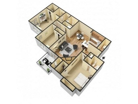Floor plan for 3 beds, 2 baths, 1125 sqft